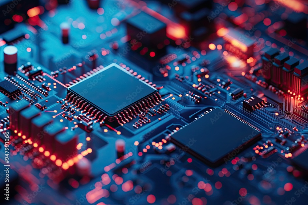 Poster a close-up view of a modern microchip on a circuit board, illustrating advanced technology and intri