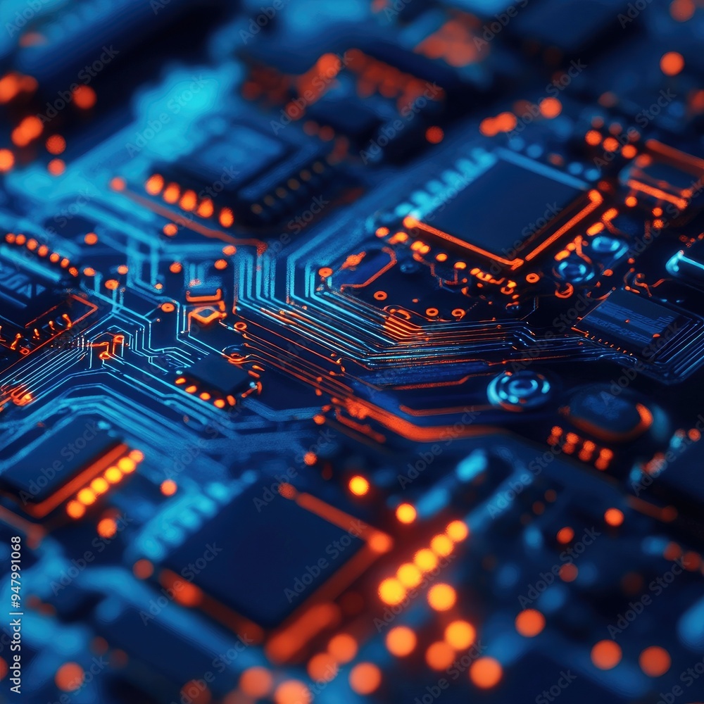Poster a close-up view of a colorful circuit board showcasing intricate designs and glowing components, rep