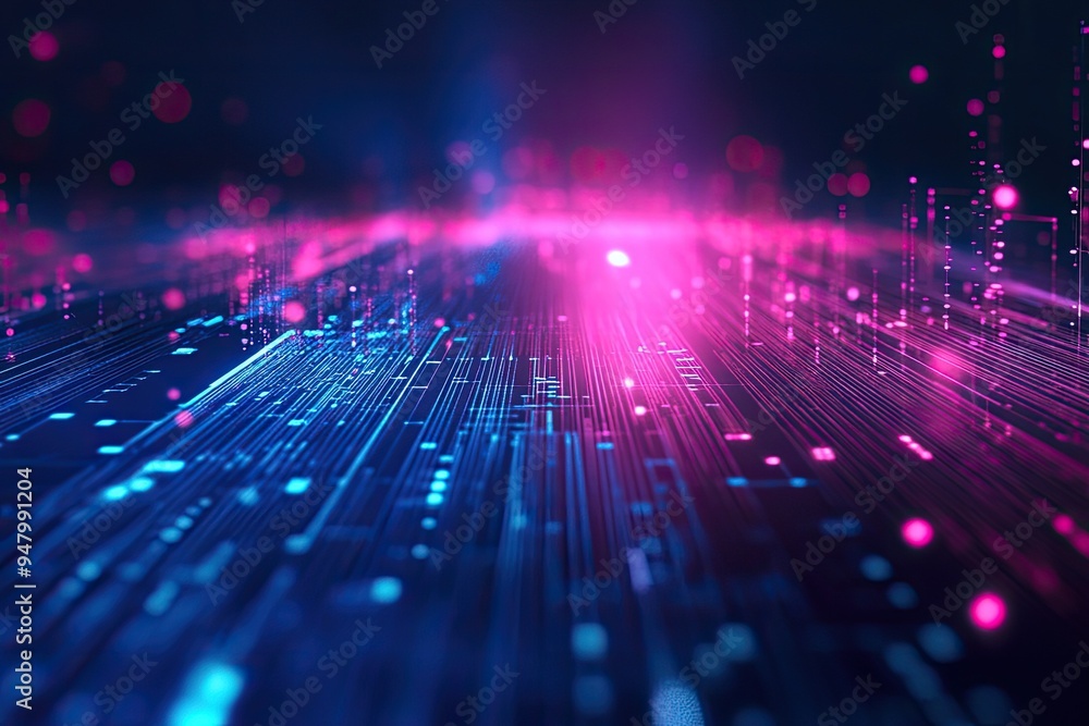 Poster vibrant digital abstract with glowing lines and particles in a futuristic space, creating a sense of