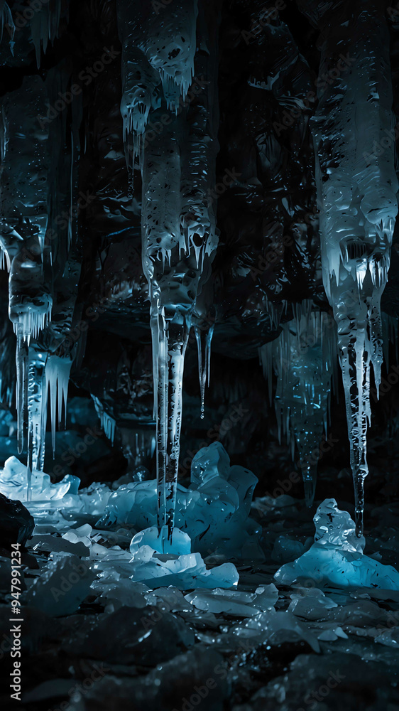 Poster ice formations on dark in deep nature cave background backdrop