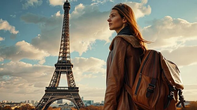 Parisian Reverie: A young woman soaks in the golden hour glow of the Eiffel Tower, capturing the allure of Parisian wanderlust.  