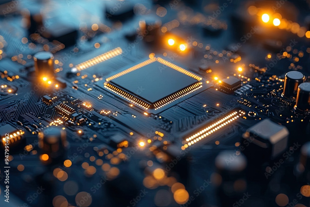 Poster close-up view of a modern microchip on a printed circuit board, showcasing intricate details and vib