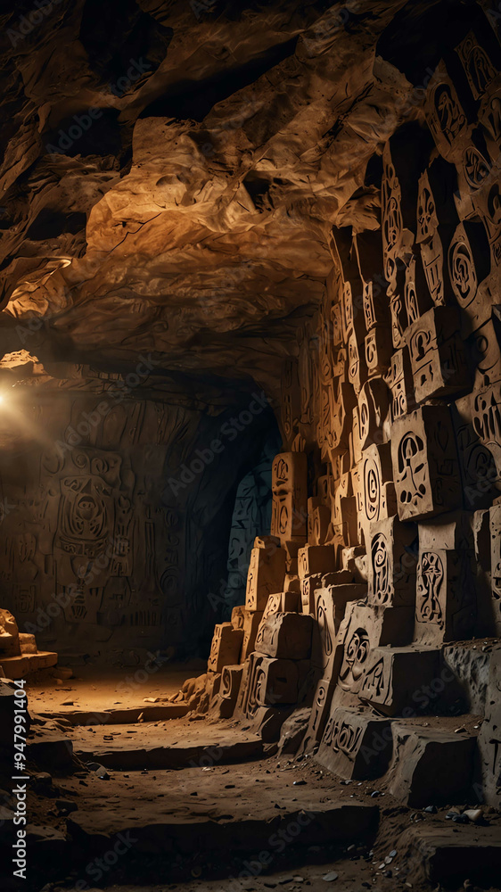 Poster mysterious symbols carved into deep nature cave background backdrop