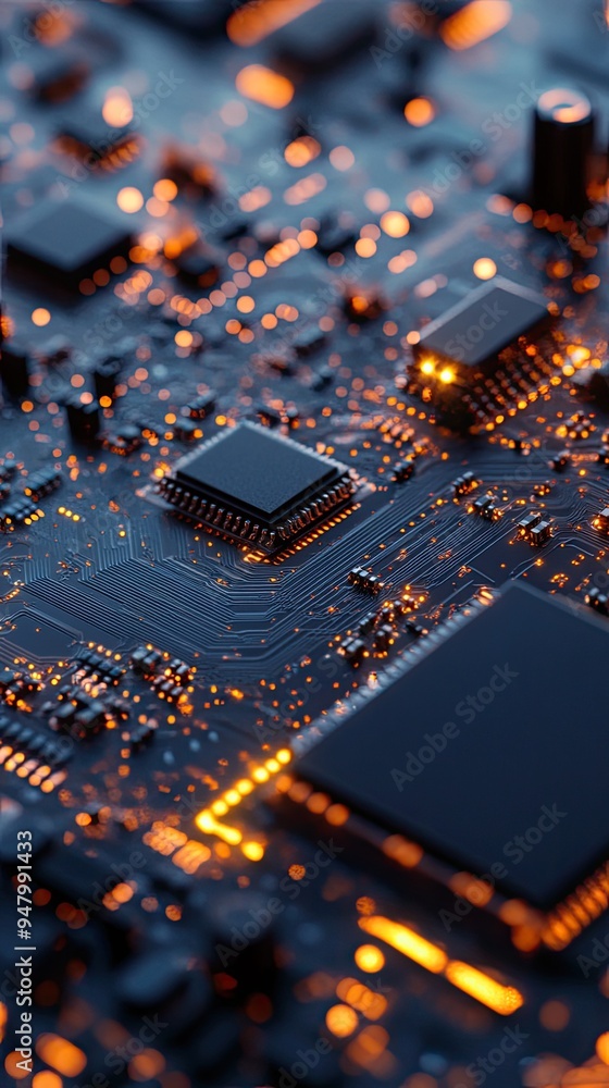 Poster close-up of a high-tech circuit board with glowing elements, showcasing intricate details and modern