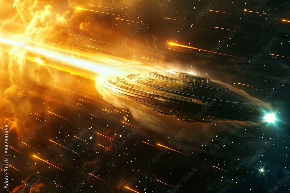 Poster alien spaceship flying through space with nebula clouds and stars in the background