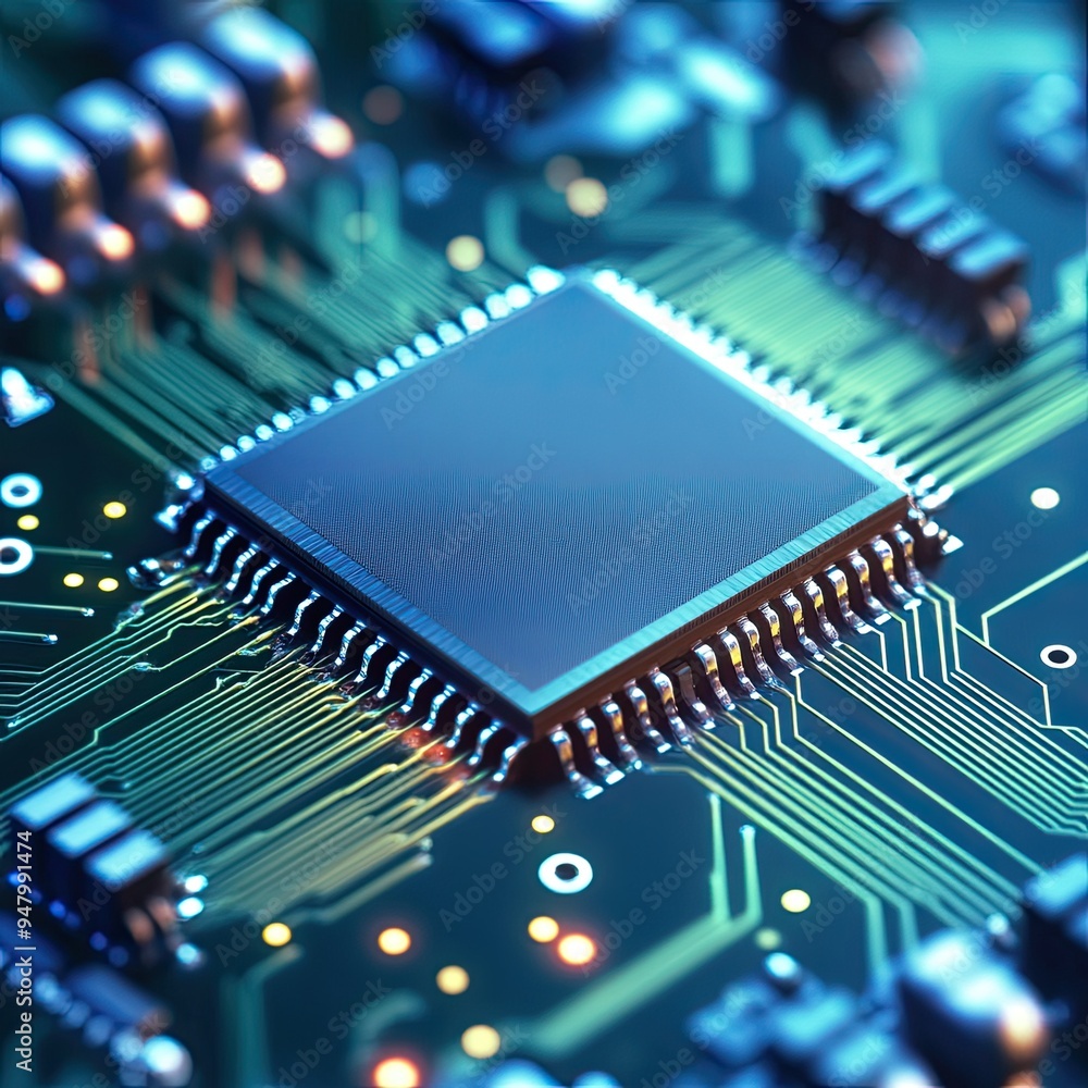 Aufkleber close-up of a computer chip on a circuit board, showcasing intricate details and modern technology i
