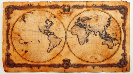 Fototapeta premium A beautifully illustrated vintage map of the world is printed on worn, aged parchment paper, evoking a sense of ancient exploration, travel history, and detailed cartographic artistry.