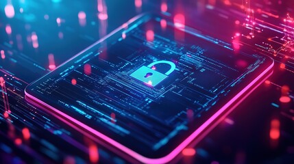 Fototapeta premium A digital security lock symbolizes data protection in a vibrant neon-lit cyber environment by utilizing advanced technology elements