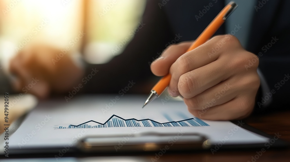 Poster an individual analyzing financial data and trends by tracking graph movements with a pen in a well-l