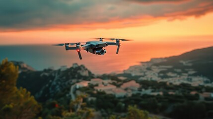 Fototapeta premium Drone with camera flying over a scenic landscape, capturing footage