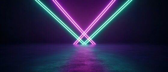 Crisscrossing laser lights over a dark stage, neon green and purple, futuristic and edgy vibe