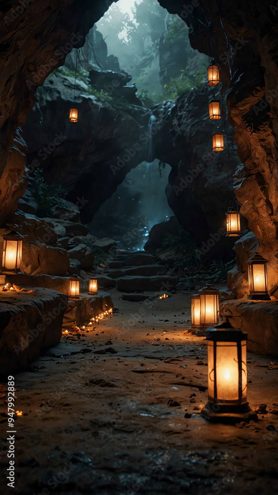 Poster soft glow of lanterns deep nature cave background backdrop