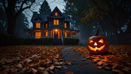 Spooky Halloween night with a jack-o-lantern pumpkin by a dark old house