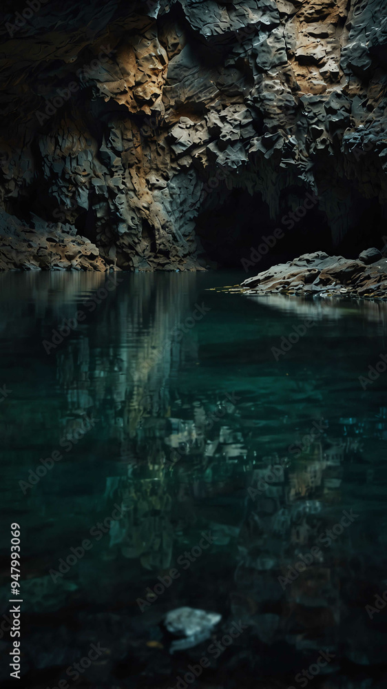 Poster subterranean lake reflecting the deep nature cave background backdrop