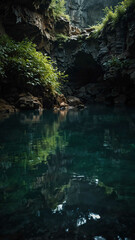 subterranean lake reflecting the deep nature cave background backdrop