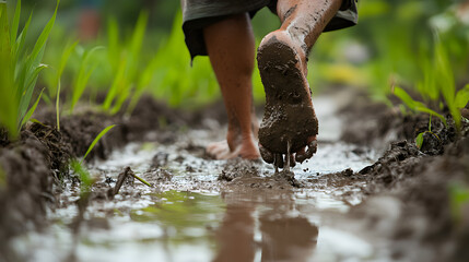 Obraz premium Barefoot Hike Through Muddy Forest Path With Green Vegetation