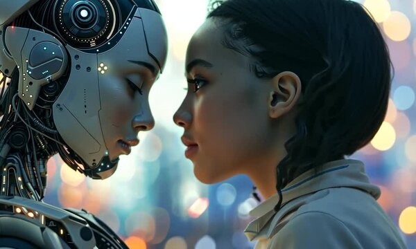 In a bustling metropolis at twilight, a young woman gently touches foreheads with an advanced robotic figure, embodying the blend of humanity and technology