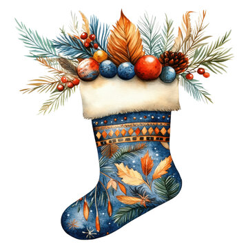 recommend clip art: Boho Christmas stocking holder clipart, with decorative feathers, watercolor illustration, warm tones, isolated on white background