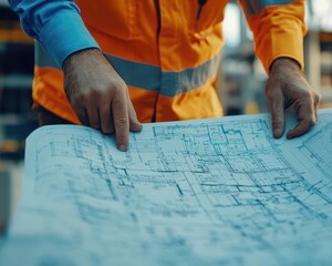 Engineer inspecting a blueprint on a construction site, ensuring accuracy