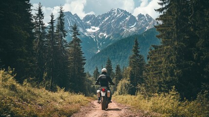 Fototapeta premium Motorcyclist rides through scenic forest trail with towering pine trees and majestic snow-capped mountains in background. Adventure and off-road motorsport. Concept of extreme sport motorsport 