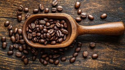 22. A top-down view of a wooden scoop overflowing with coffee beans, the beans spilling out onto a...