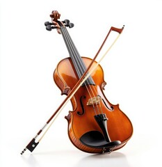 Fototapeta premium A beautifully crafted violin with its bow, set against an isolated white background. 