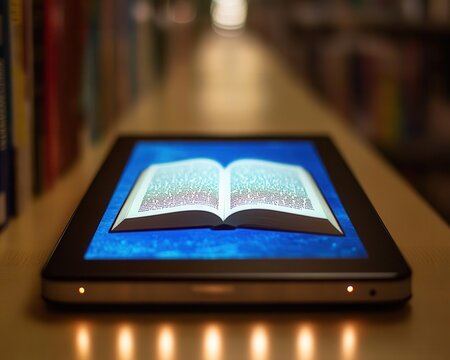 E-reader with built-in light displaying an open book, ready for reading