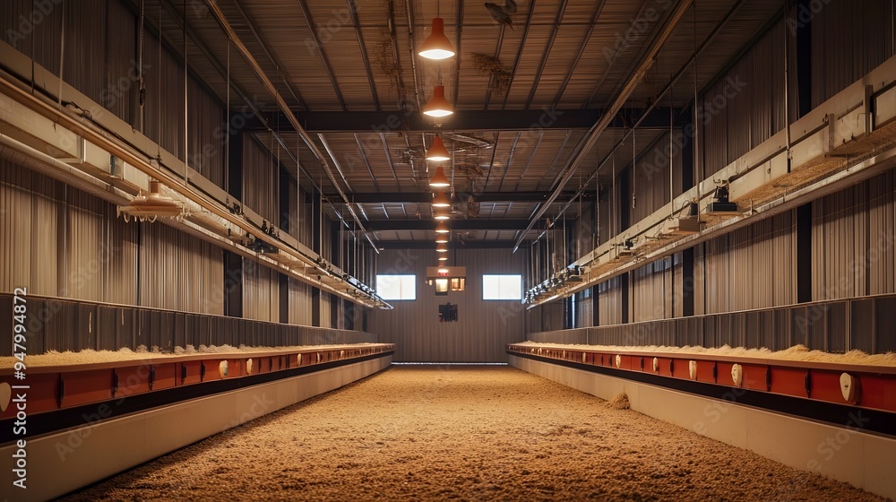Poster photograph showcasing iot controlled automatic feeders in a modern poultry farm setting demonstratin
