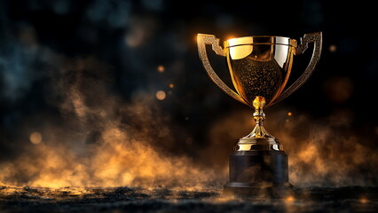 A golden trophy on dark background with copy space