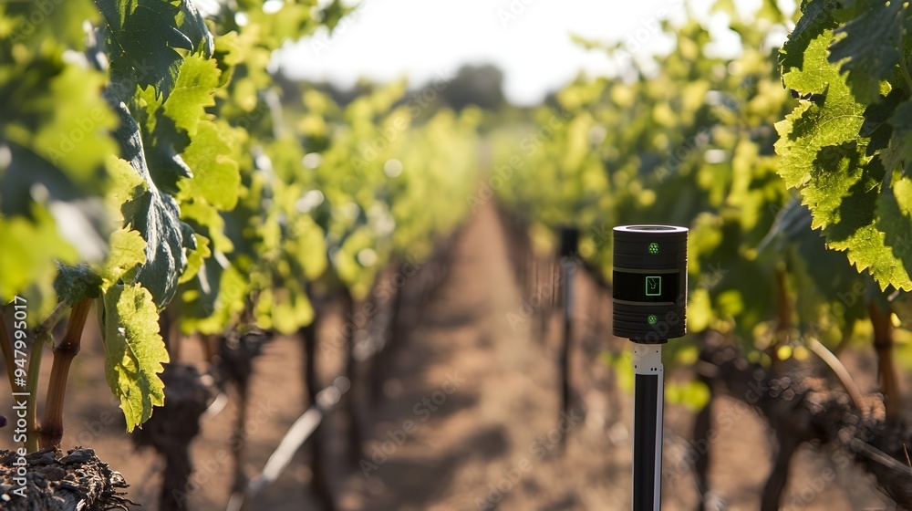 Poster iot sensors installed in a vineyard measuring and collecting data on moisture levels temperature