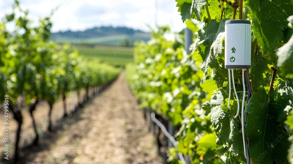 Poster advanced iot sensors installed in a vineyard continuously monitoring and collecting data on moisture