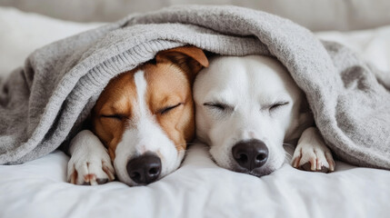 Couple of dogs in love sleeping together under blanket on bed, warm, comfortable and cute. --ar 16:9 --v 6.1 Job ID: 3559a638-acb9-4dfe-bcd3-2e3b4d27d99d