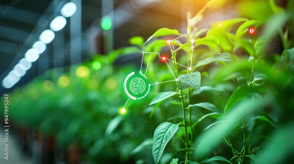 Poster photograph showcasing iot sensors tracking and analyzing the health of plants in a high tech automat