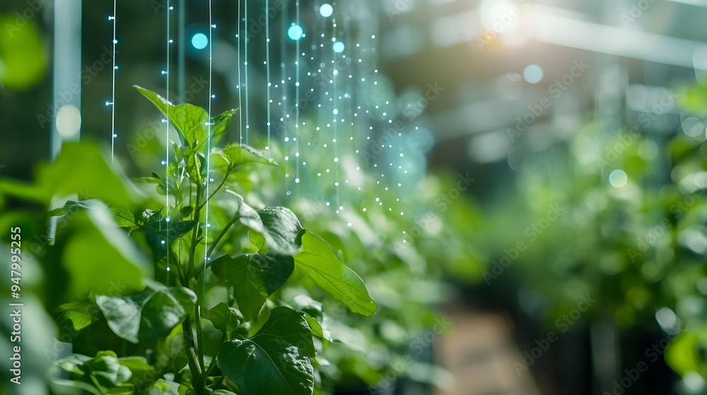 Poster photograph showcasing iot sensors tracking and analyzing the health of plants in a high tech smart g