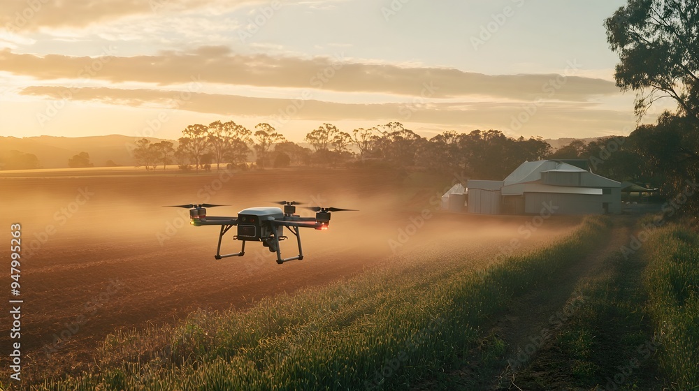 Aufkleber aerial photograph of a drone equipped with iot sensors and technology mapping and surveying a large 