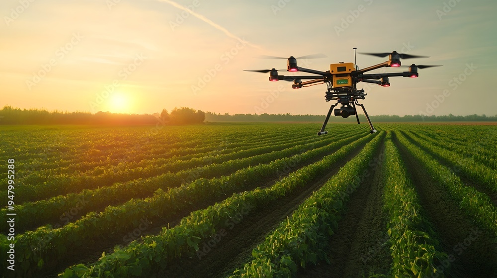 Poster aerial view of a drone equipped with cutting edge iot technology mapping a sprawling farm showcasing
