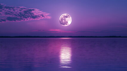 A purple sky with a full moon over a calm body of water.