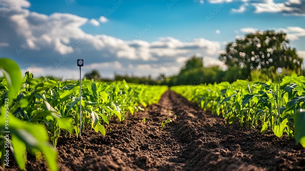 Poster a photograph showcasing iot enabled soil moisture sensors placed around an agricultural field with t