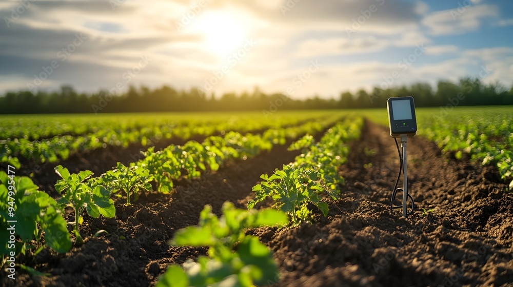 Poster an image showcasing iot enabled soil moisture sensors strategically placed in an agricultural field 