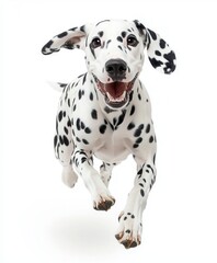 A Dalmatian dog is running, with black and white spots on its body, against a white background, in a full-length portrait photograph