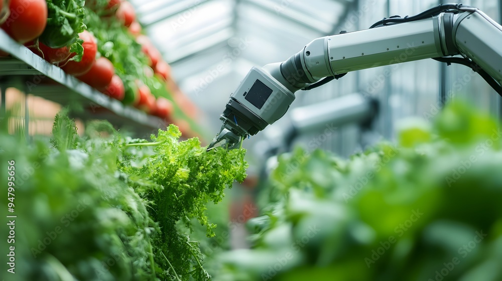 Poster photograph showcasing an iot powered robotic arm automatically harvesting vegetables in a high tech 