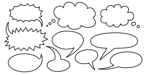Fototapeta premium Black line speech and thought bubbles set. Hand drawn outline vector illustration.