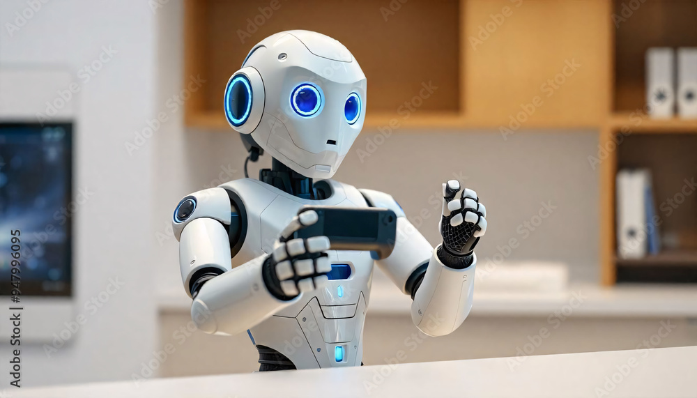 Poster a humanoid robot with a white and blue body standing behind a counter, holding a video game controll