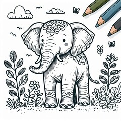 Fototapeta premium Elephant animal coloring book page outline contour drawing illustration. Children kids doodle character line art, African safari nature wildlife, mammal sketch