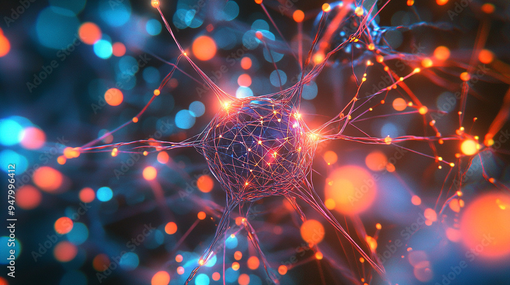 Poster close-up view of a neuron with glowing connections and vibrant colors in a digital representation, d
