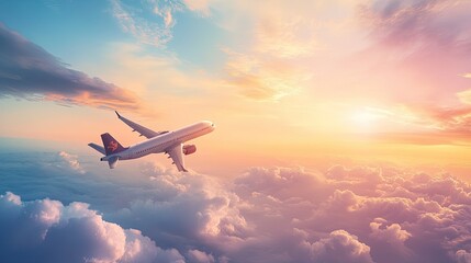 Passenger plane flying in the sky with amazing clouds in the background, traveling by air transport for investors and business advertising