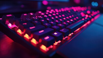 Fototapeta premium Mechanical keyboard with backlight in action, on a gaming setup