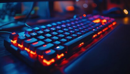Mechanical keyboard with backlight in action, on a gaming setup