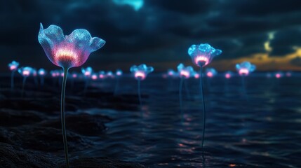 Fototapeta premium Enchanting Bioluminescent Flowers Illuminating a Dark Ocean Landscape at Dusk