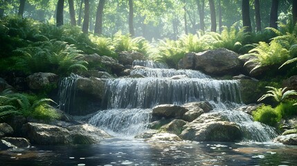 Lush Ferns and Moss Thriving on Porous Rocks Surrounding a Gentle Waterfall in a Serene Natural Setting